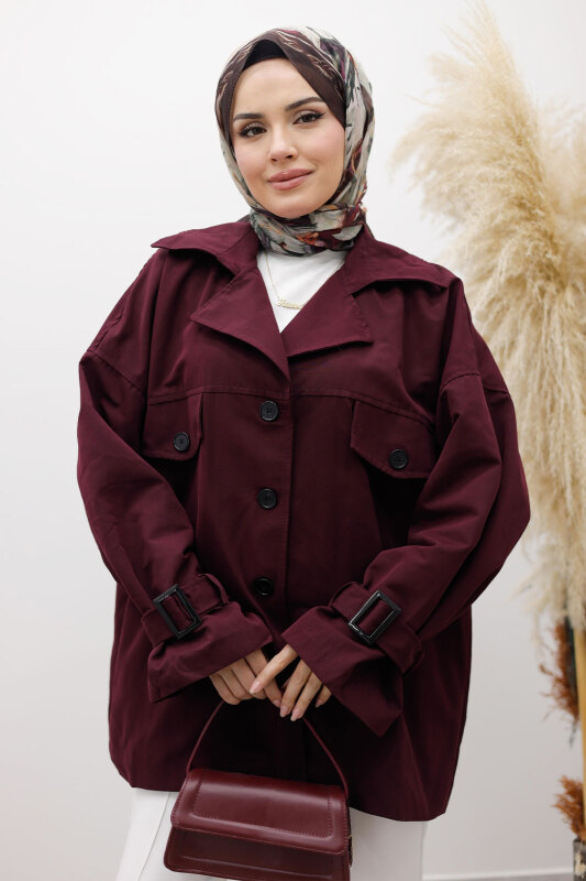 Apolet Detaylı Kruvaze Yaka Trençkot TSD260128 Bordo - Tesettür Dünyası (1)