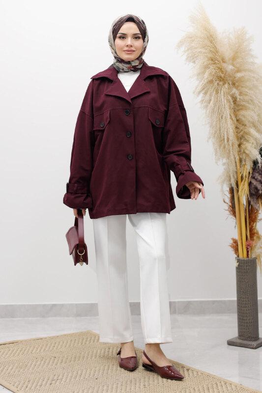 Apolet Detaylı Kruvaze Yaka Trençkot TSD260128 Bordo - Tesettür Dünyası