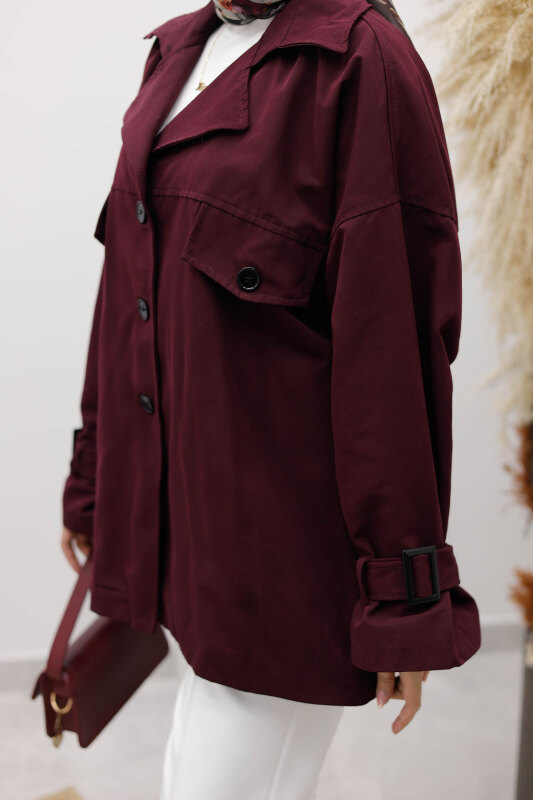 Apolet Detaylı Kruvaze Yaka Trençkot TSD260128 Bordo - 4