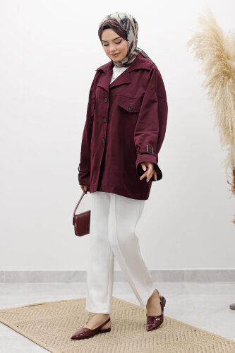 Apolet Detaylı Kruvaze Yaka Trençkot TSD260128 Bordo - 5