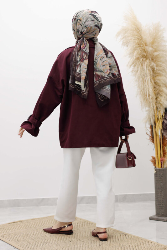 Apolet Detaylı Kruvaze Yaka Trençkot TSD260128 Bordo - 6