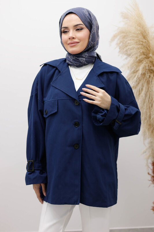 Apolet Detaylı Kruvaze Yaka Trençkot TSD260128 Lacivert - Tesettür Dünyası (1)