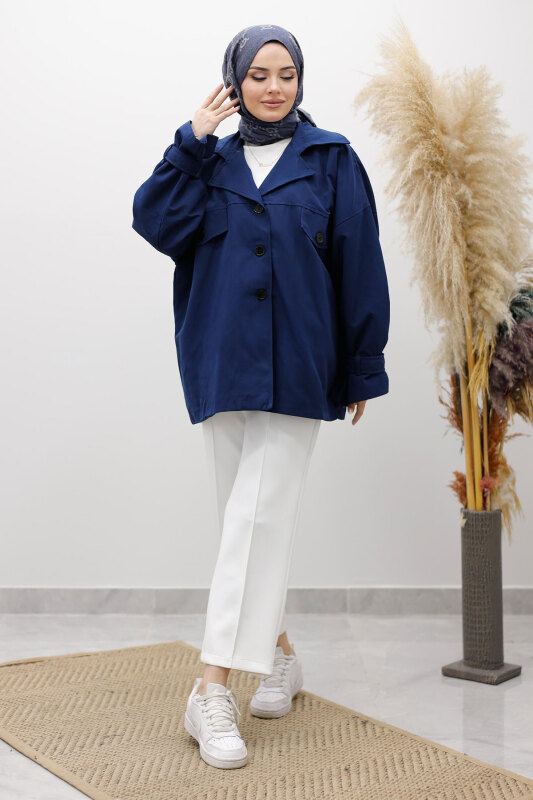 Apolet Detaylı Kruvaze Yaka Trençkot TSD260128 Lacivert - Tesettür Dünyası