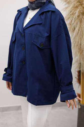 Apolet Detaylı Kruvaze Yaka Trençkot TSD260128 Lacivert - 4