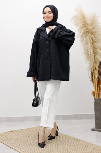 Apolet Detaylı Kruvaze Yaka Trençkot TSD260128 Siyah - 1