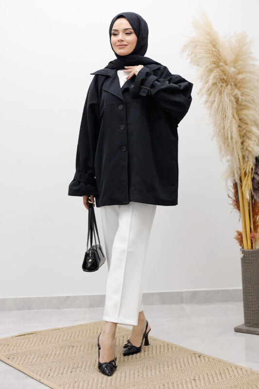Apolet Detaylı Kruvaze Yaka Trençkot TSD260128 Siyah - Tesettür Dünyası