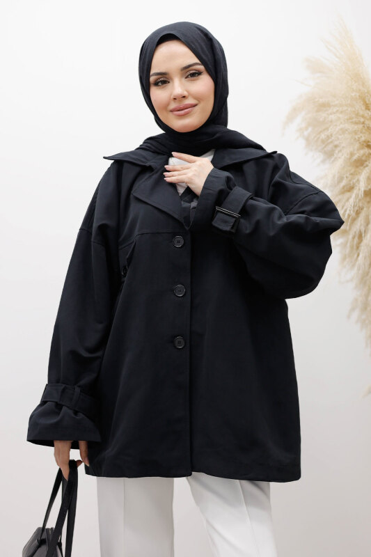 Apolet Detaylı Kruvaze Yaka Trençkot TSD260128 Siyah - Tesettür Dünyası (1)