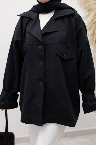 Apolet Detaylı Kruvaze Yaka Trençkot TSD260128 Siyah - 4