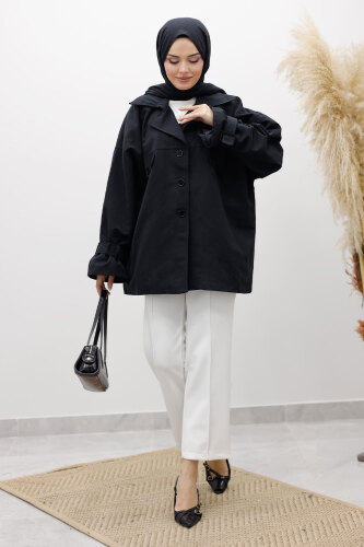 Apolet Detaylı Kruvaze Yaka Trençkot TSD260128 Siyah - 5