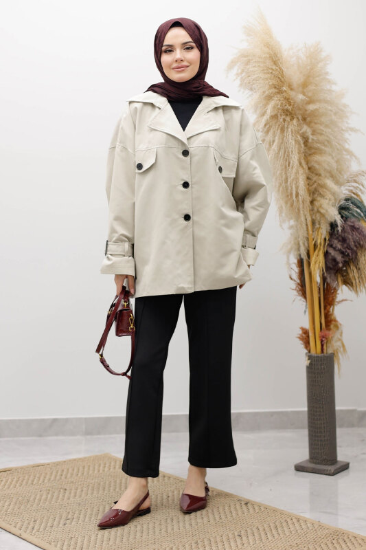 Apolet Detaylı Kruvaze Yaka Trençkot TSD260128 Taş rengi - 3