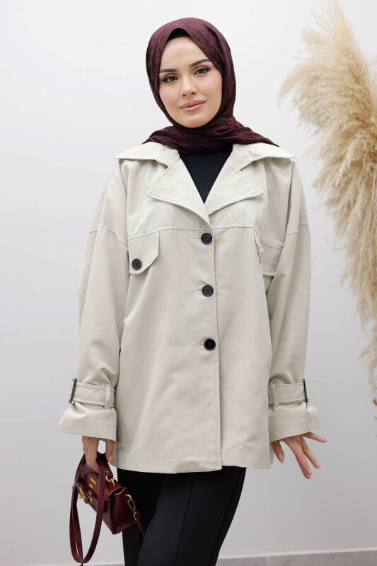 Apolet Detaylı Kruvaze Yaka Trençkot TSD260128 Taş rengi - Tesettür Dünyası (1)