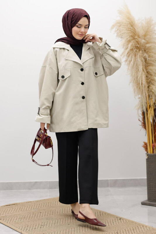 Apolet Detaylı Kruvaze Yaka Trençkot TSD260128 Taş rengi - Tesettür Dünyası