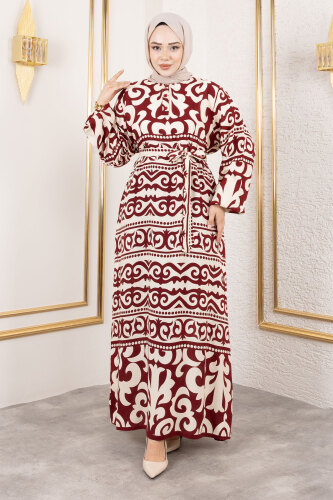 Asel Desenli Viskon Elbise TSD250205 Bordo 