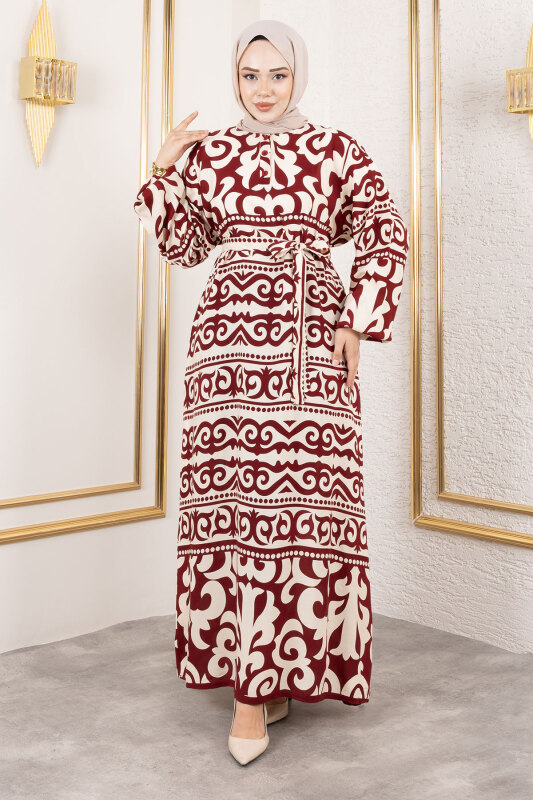 Asel Desenli Viskon Elbise TSD250205 Bordo - 1