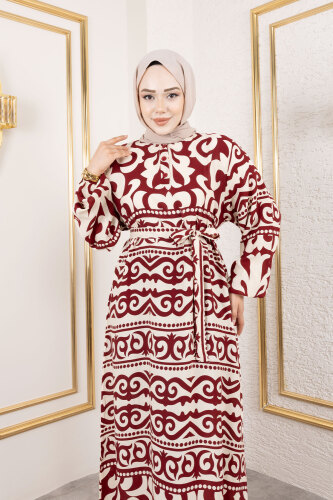 Asel Desenli Viskon Elbise TSD250205 Bordo - 2