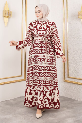 Asel Desenli Viskon Elbise TSD250205 Bordo - 4