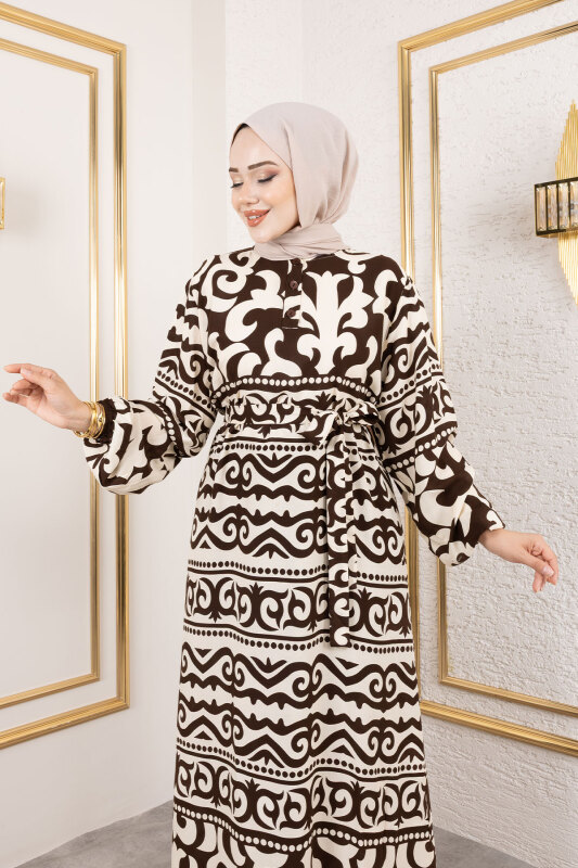 Asel Desenli Viskon Elbise TSD250205 Kahverengi - 2