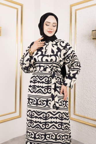 Asel Desenli Viskon Elbise TSD250205 Siyah - 2