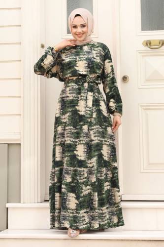 Asya Desenli Beli Kuşaklı Tesettür Elbise TSD240402 Haki 