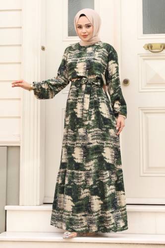 Asya Desenli Beli Kuşaklı Tesettür Elbise TSD240402 Haki - 3