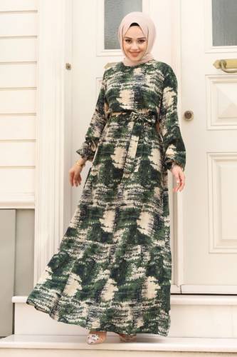Asya Desenli Beli Kuşaklı Tesettür Elbise TSD240402 Haki - 4