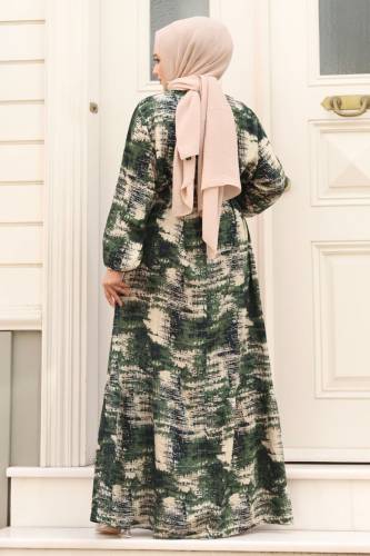 Asya Desenli Beli Kuşaklı Tesettür Elbise TSD240402 Haki - 5
