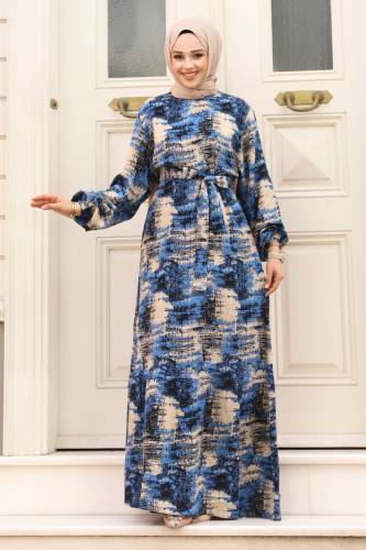 Asya Desenli Beli Kuşaklı Tesettür Elbise TSD240402 Mavi 