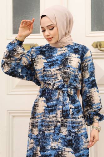 Asya Desenli Beli Kuşaklı Tesettür Elbise TSD240402 Mavi - 2