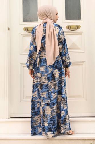 Asya Desenli Beli Kuşaklı Tesettür Elbise TSD240402 Mavi - 5