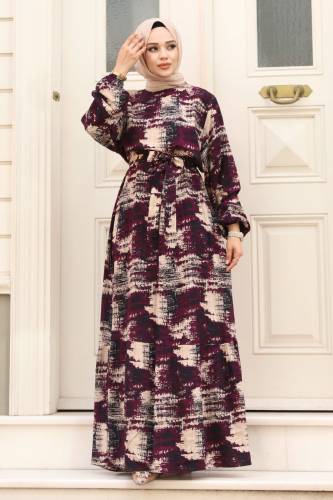 Asya Desenli Beli Kuşaklı Tesettür Elbise TSD240402 Mürdüm - 4