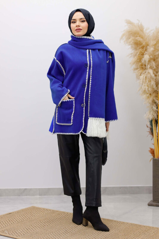 Atkılı Kaşe Kaban TSD260106 Saks Mavi - Tesettür Dünyası