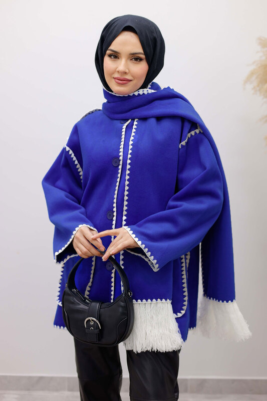 Atkılı Kaşe Kaban TSD260106 Saks Mavi - Tesettür Dünyası (1)