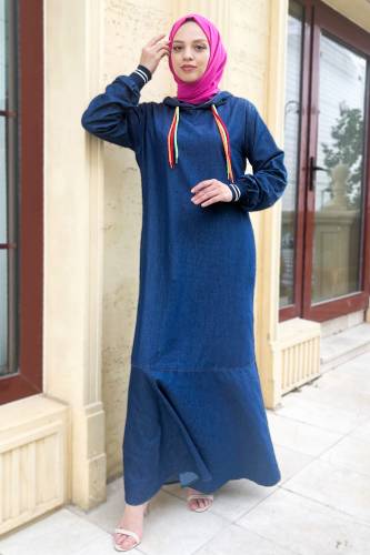 Bağcık Detaylı Kapüşonlu Kot Elbise TSD220835 Koyu Mavi - 2