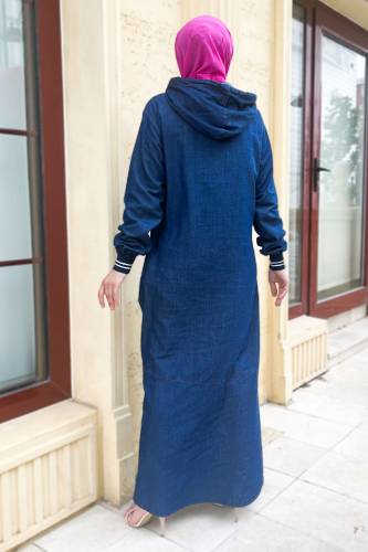Bağcık Detaylı Kapüşonlu Kot Elbise TSD220835 Koyu Mavi - 5