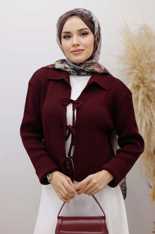 Bağcıklı Triko Hırka TSD250220 Bordo - 2