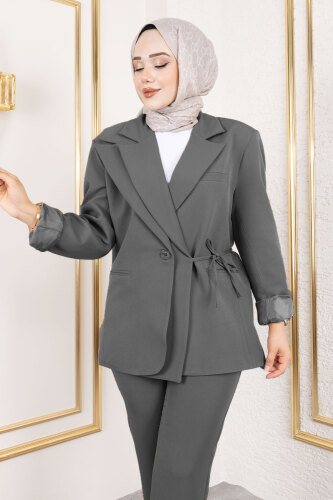 Bağlama Detaylı Blazer Takım TSD250196 Gri - Tesettür Dünyası (1)