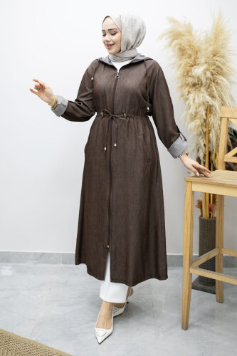 Bağlama Detaylı Kapüşonlu Kap TSD260163 Kahverengi 