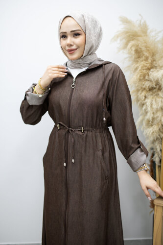 Bağlama Detaylı Kapüşonlu Kap TSD260163 Kahverengi - 2