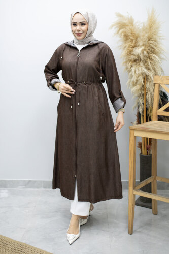 Bağlama Detaylı Kapüşonlu Kap TSD260163 Kahverengi - 3