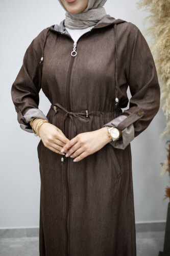 Bağlama Detaylı Kapüşonlu Kap TSD260163 Kahverengi - 4