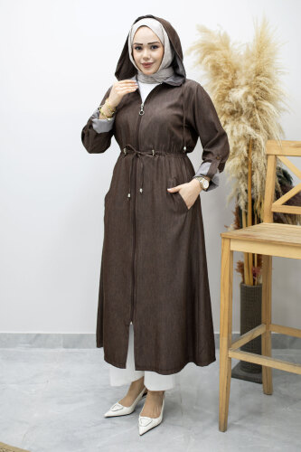 Bağlama Detaylı Kapüşonlu Kap TSD260163 Kahverengi - 5