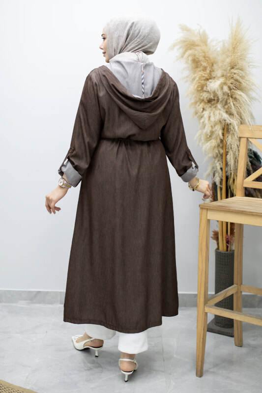 Bağlama Detaylı Kapüşonlu Kap TSD260163 Kahverengi - 6