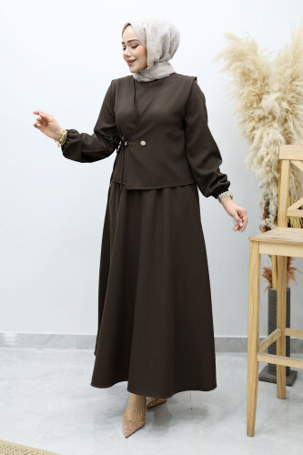 Bağlamalı Yelekli Elbise TSD260153 Acı Kahve 