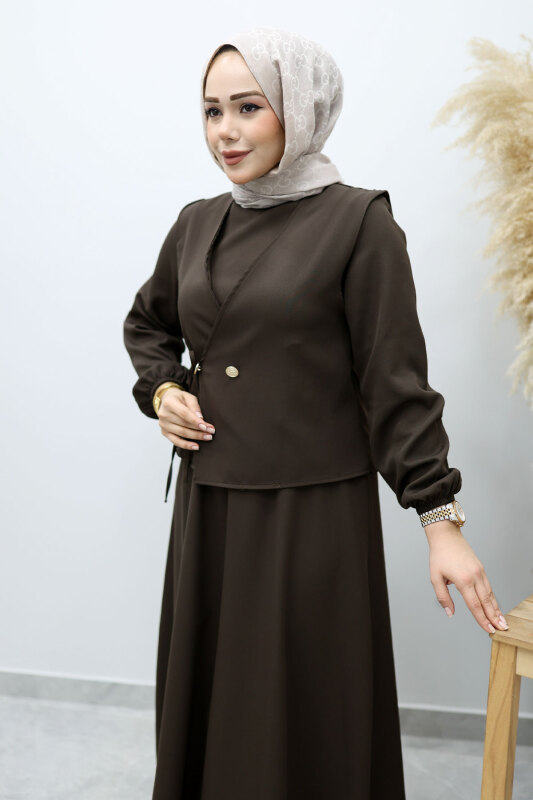 Bağlamalı Yelekli Elbise TSD260153 Acı Kahve - Tesettür Dünyası (1)