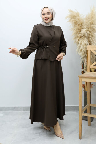Bağlamalı Yelekli Elbise TSD260153 Acı Kahve - 5