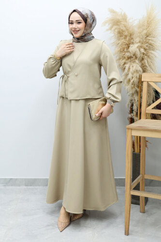 Bağlamalı Yelekli Elbise TSD260153 Bej 