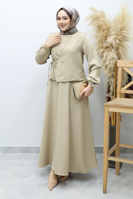 Bağlamalı Yelekli Elbise TSD260153 Bej - Tesettür Dünyası