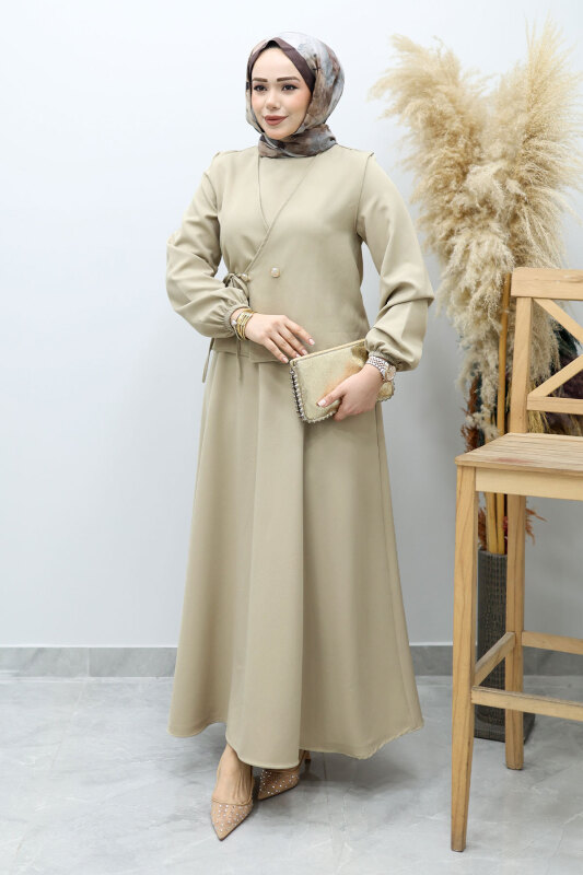 Bağlamalı Yelekli Elbise TSD260153 Bej - 3