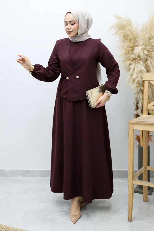 Bağlamalı Yelekli Elbise TSD260153 Bordo - Tesettür Dünyası