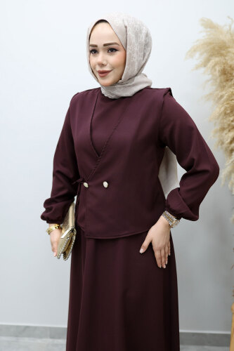 Bağlamalı Yelekli Elbise TSD260153 Bordo - 2